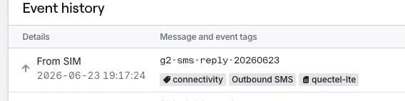 Dashboard Event History showing an Outbound SMS event with the message body sent from the device
