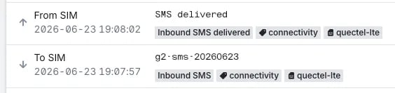 Dashboard Event History showing To SIM and From SIM events for the test message