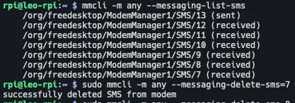 mmcli output confirming an SMS was deleted from modem memory by index