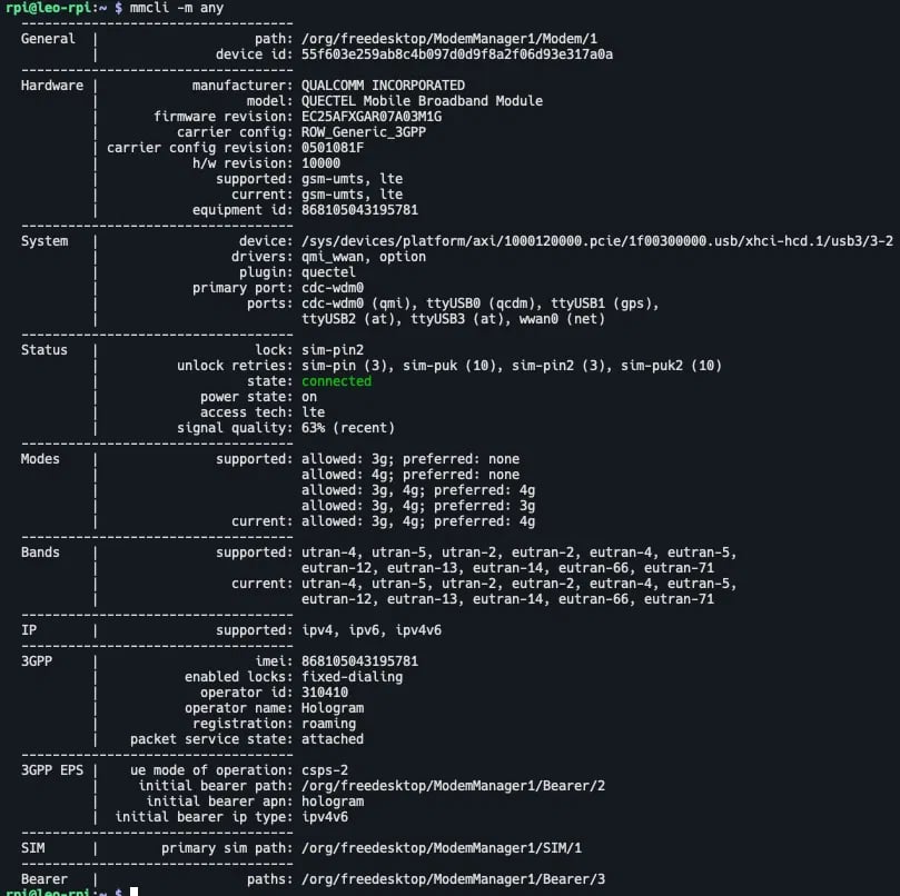 mmcli output showing modem status, access technology, and 3GPP registration fields