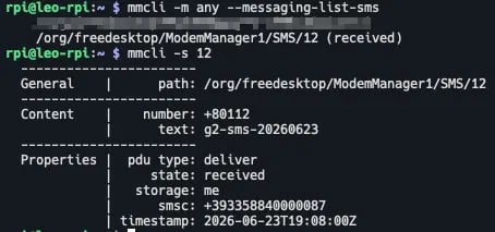 mmcli output showing the contents of a received SMS, including number and text fields