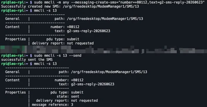 mmcli output showing a created SMS transitioning from submit to sent state with a message reference
