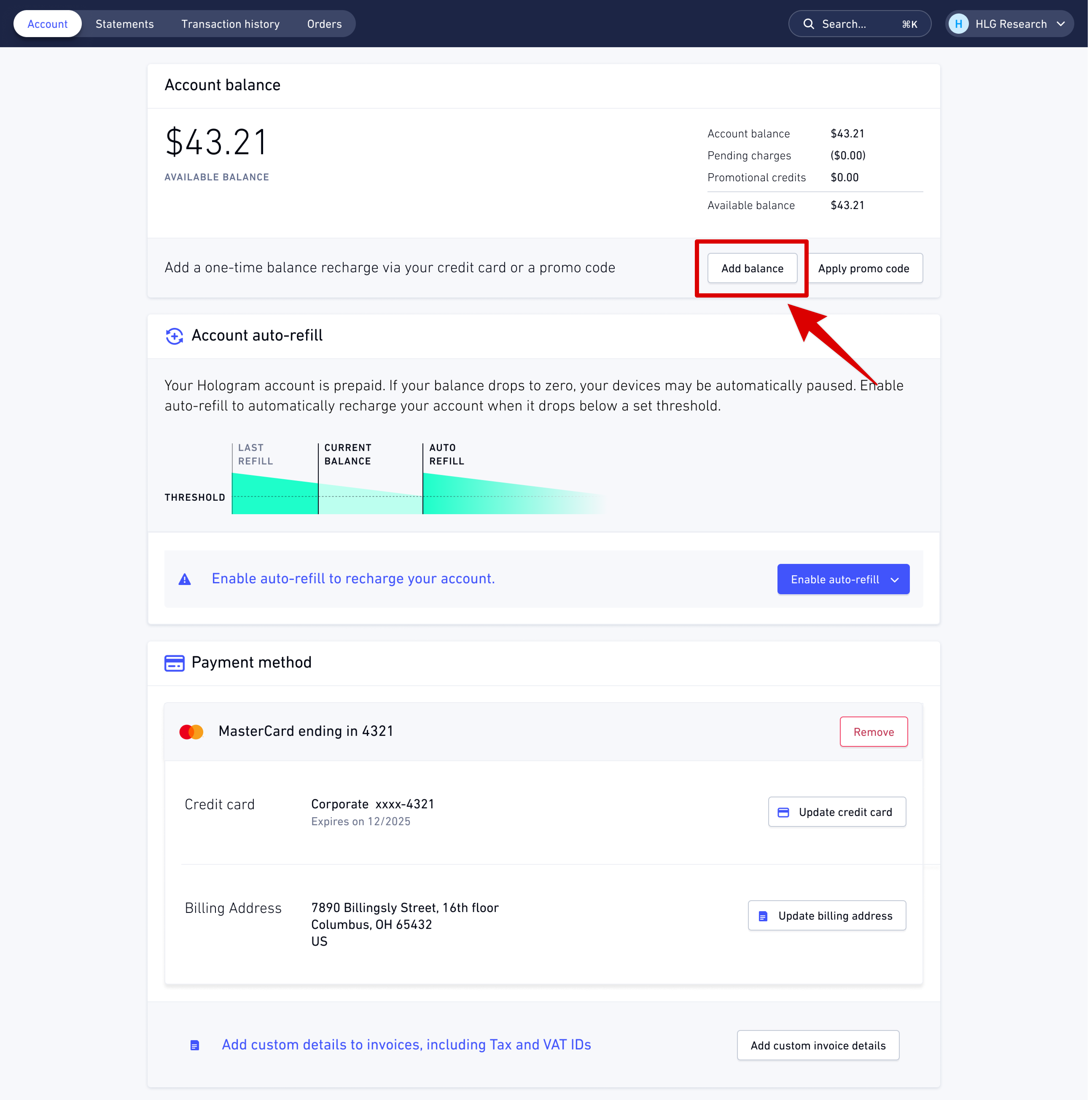 Add balance button in the Account balance card