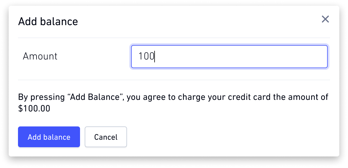 Add balance modal with amount input field