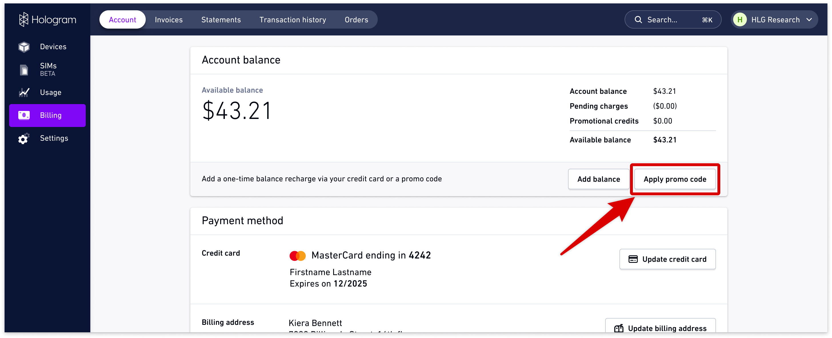 Apply promo code button in Account balance card