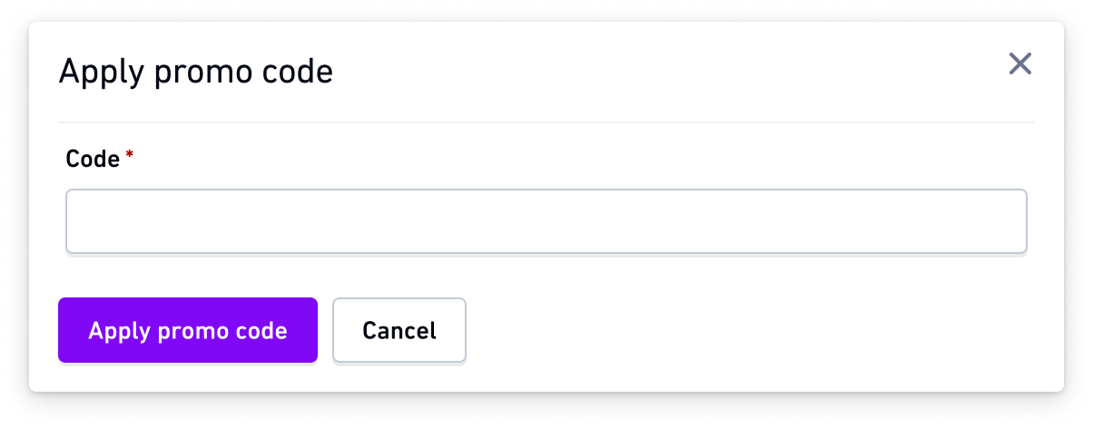 Apply promo code modal with input field