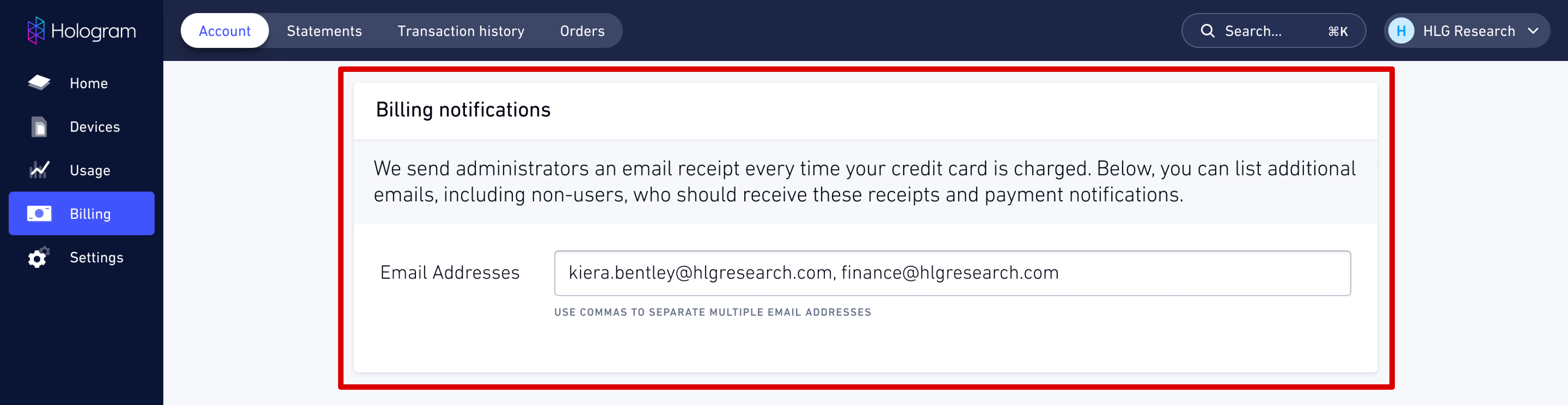 Billing notifications card with email input field