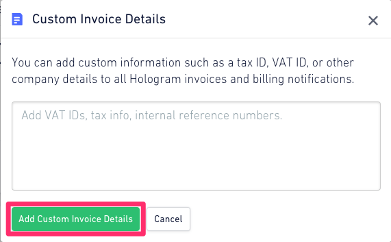 Custom invoice details modal with text input