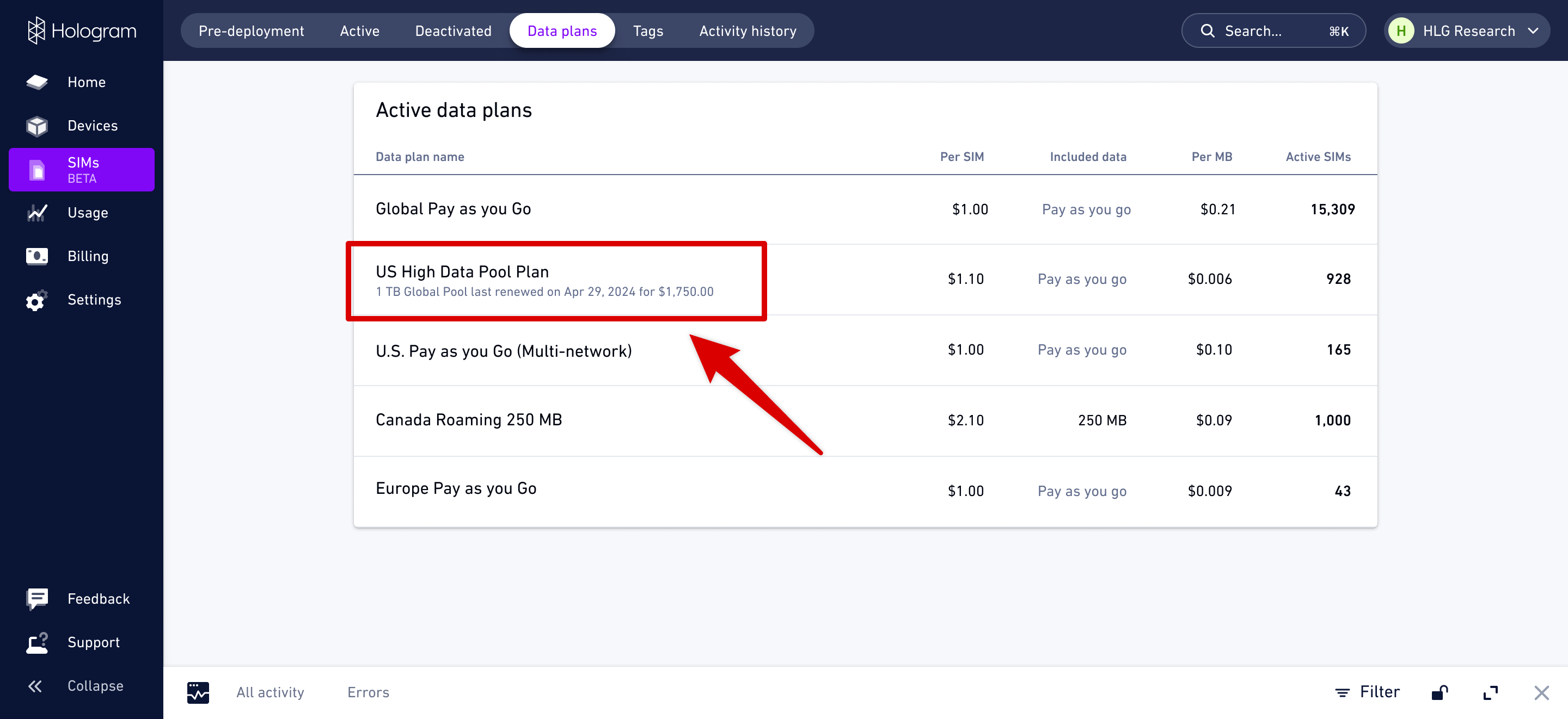 Data plans page showing pooled plan details with per MB overage rate