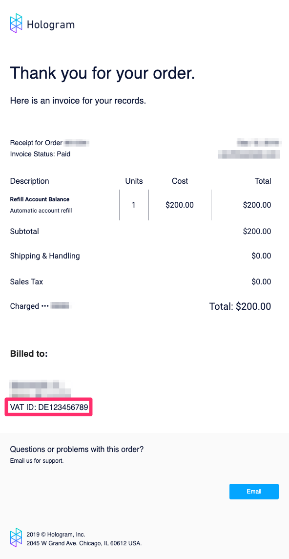 Example receipt showing custom invoice details at bottom