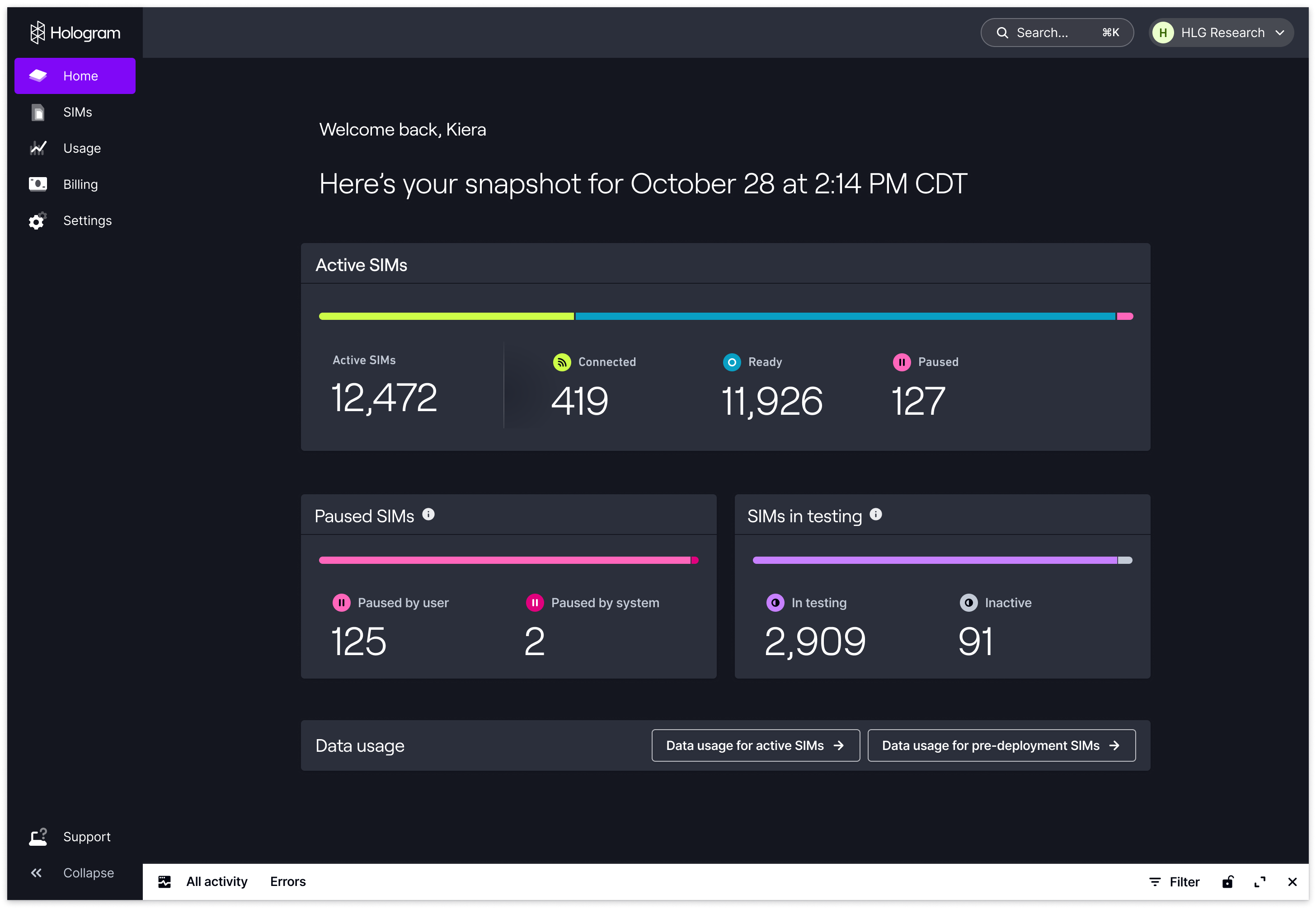 Dashboard home page showing fleet overview with status counts and charts