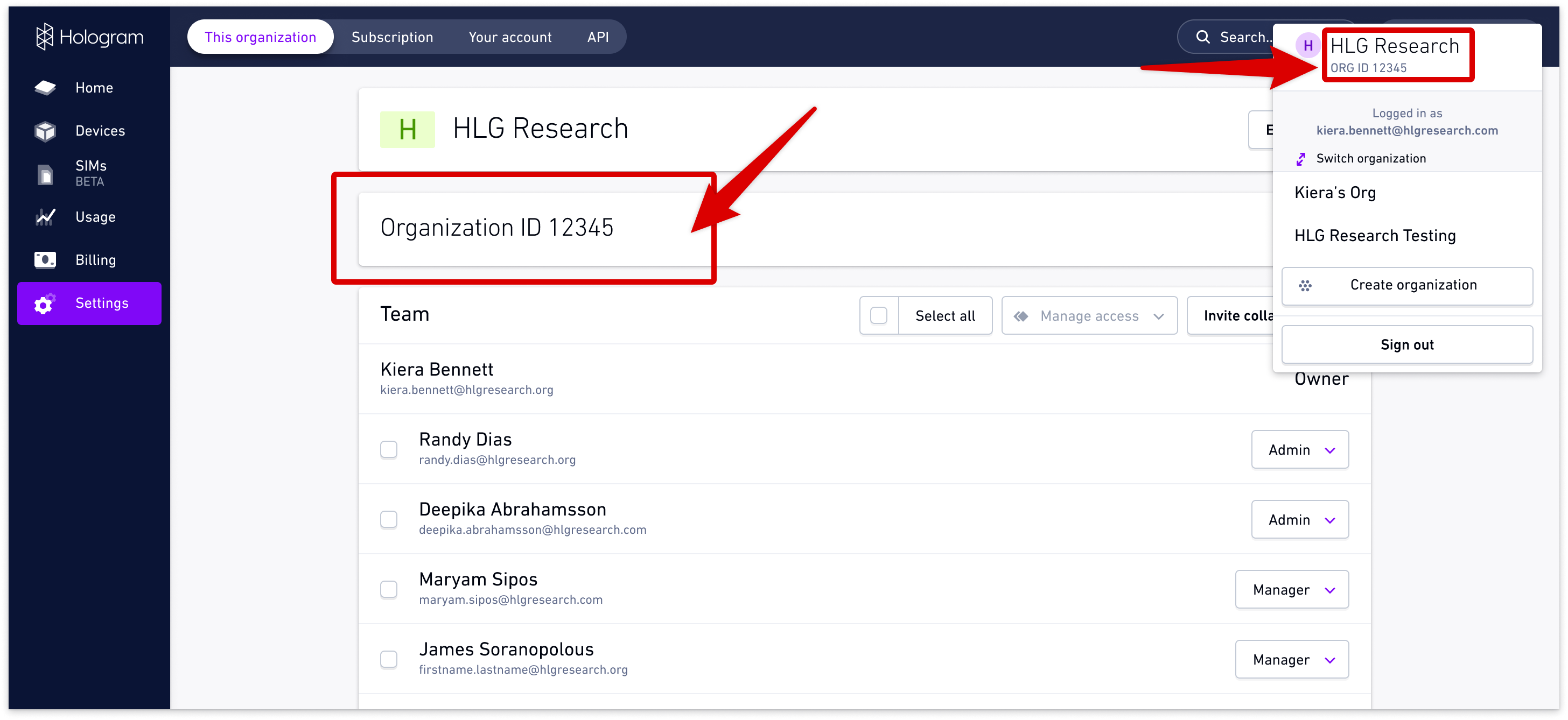 Organization ID shown in Settings under This organization page