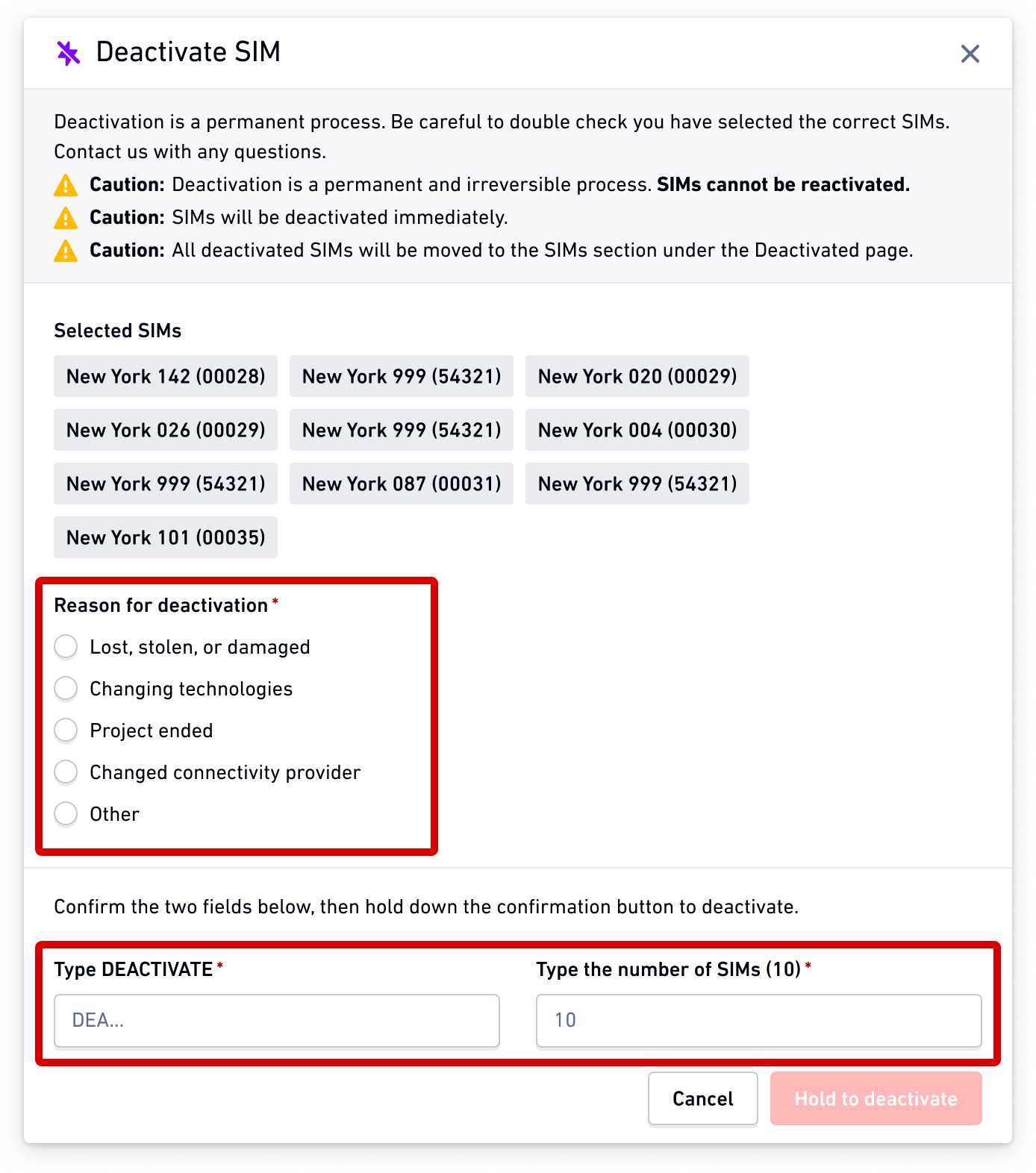 Deactivate SIMs modal with required fields