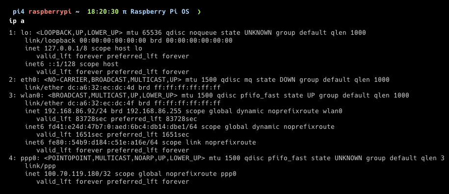 ip a output showing the wwan0 interface with the SIM's assigned IP address