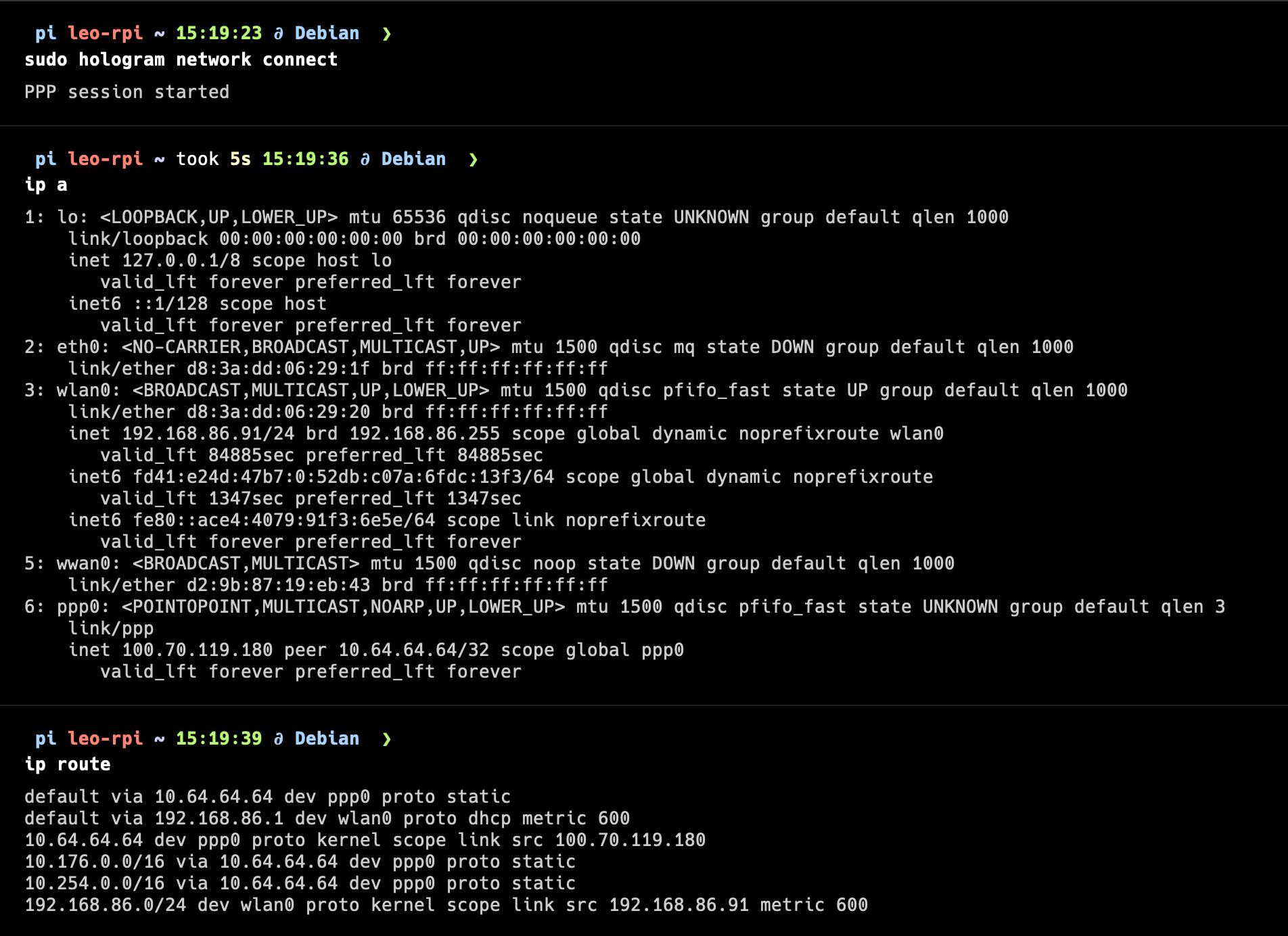 ip route output showing the manually added Hologram network routes