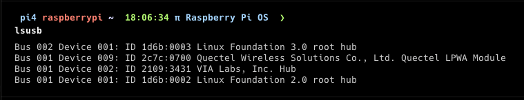 lsusb output listing the connected cellular modem as a USB device