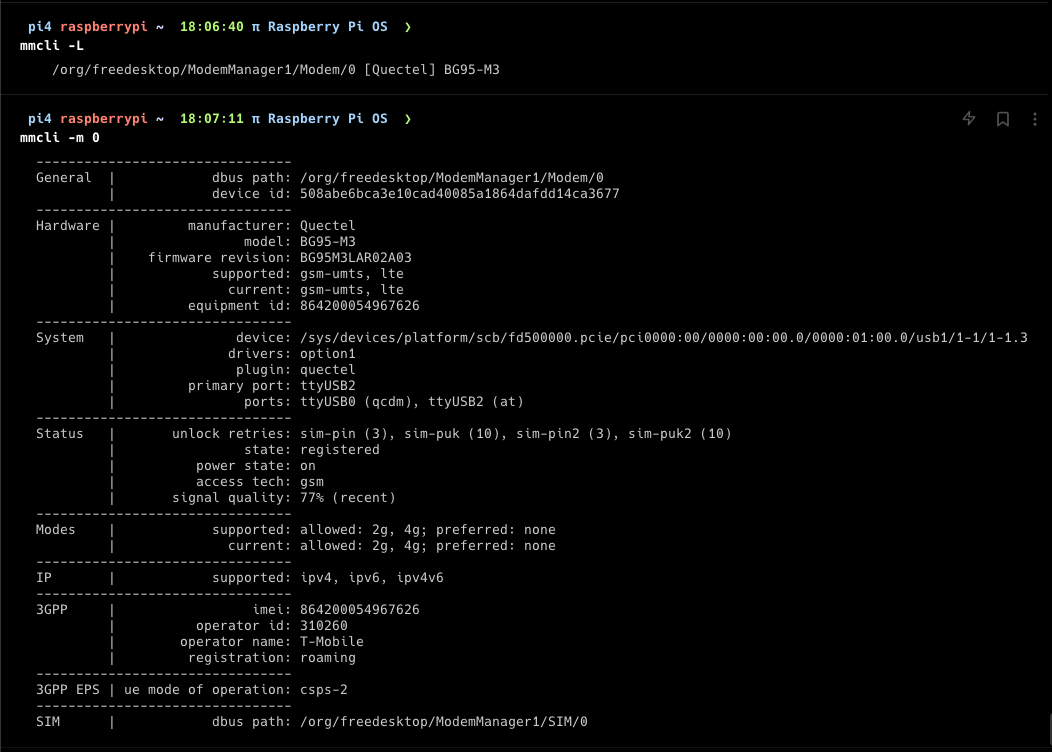 mmcli output showing modem details before connecting