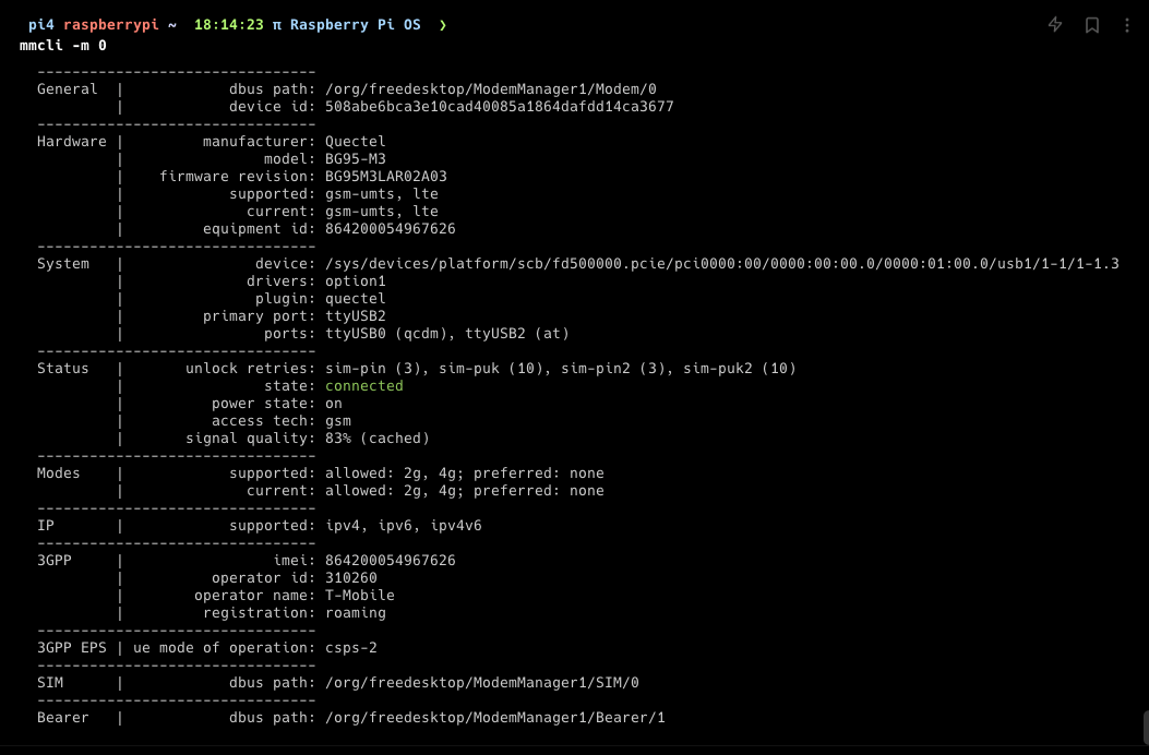 mmcli output showing the modem connected to the network after simple-connect