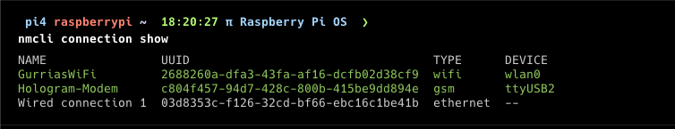 nmcli connection show output with the cellular connection active and shown in green