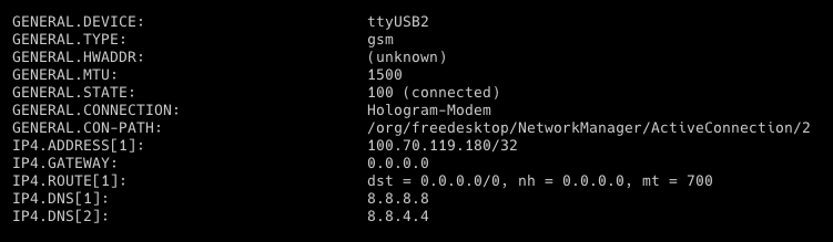 nmcli connection show output listing the new gsm connection
