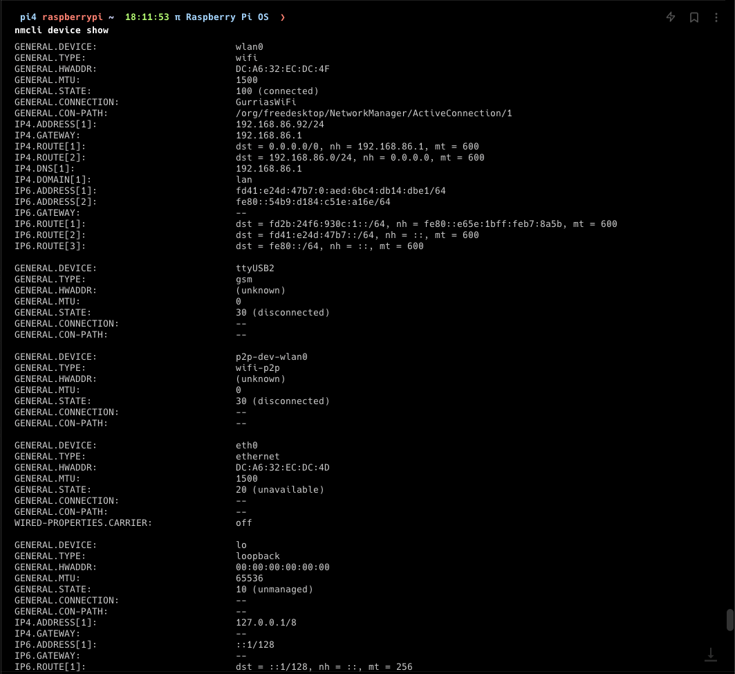 nmcli device show output highlighting the GENERAL.TYPE and GENERAL.DEVICE values