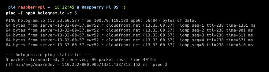 ping output showing successful replies from hologram.io over the cellular interface