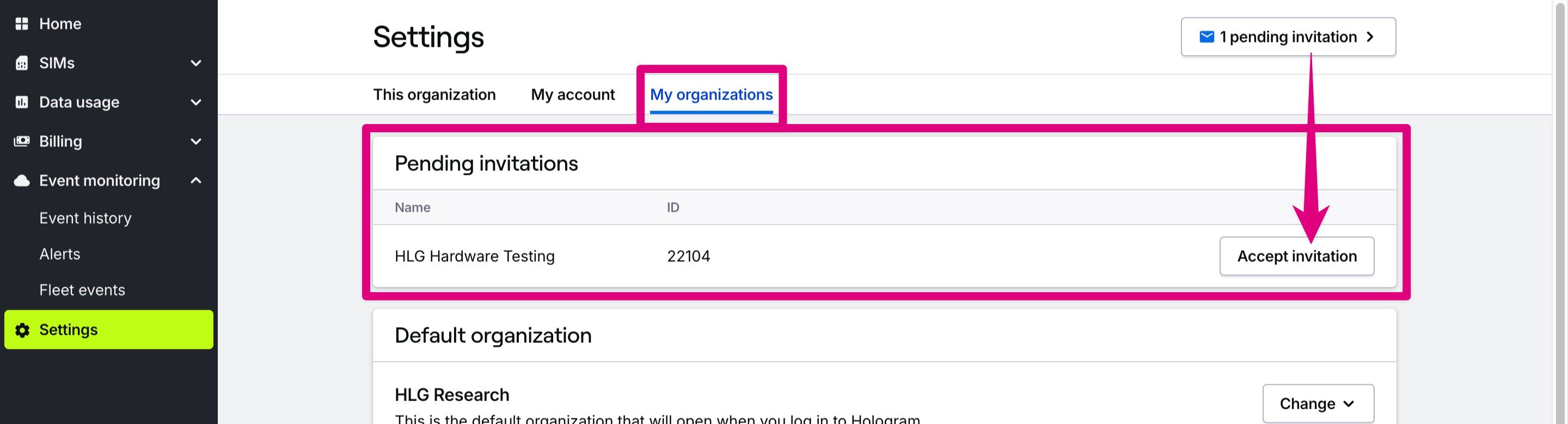 Pending invitations in the Settings page's My organizations tab