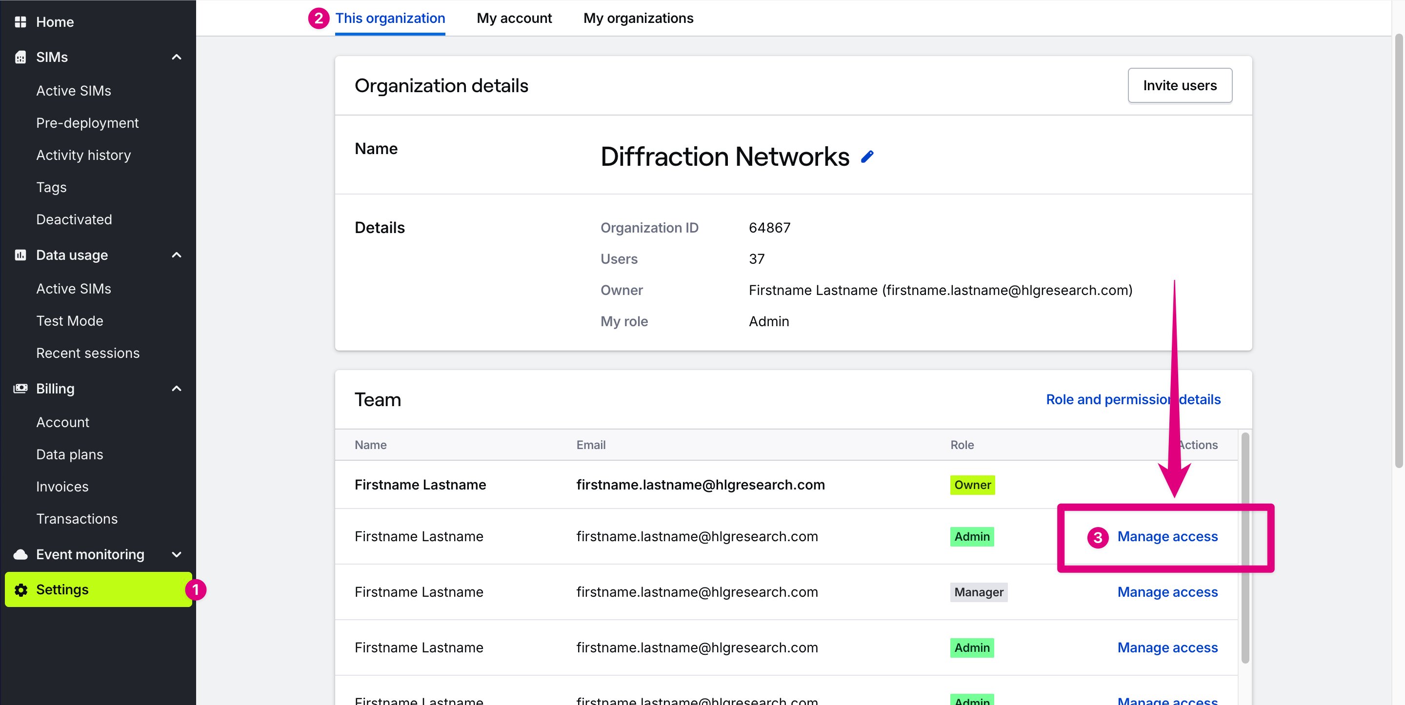 User list in This organization settings