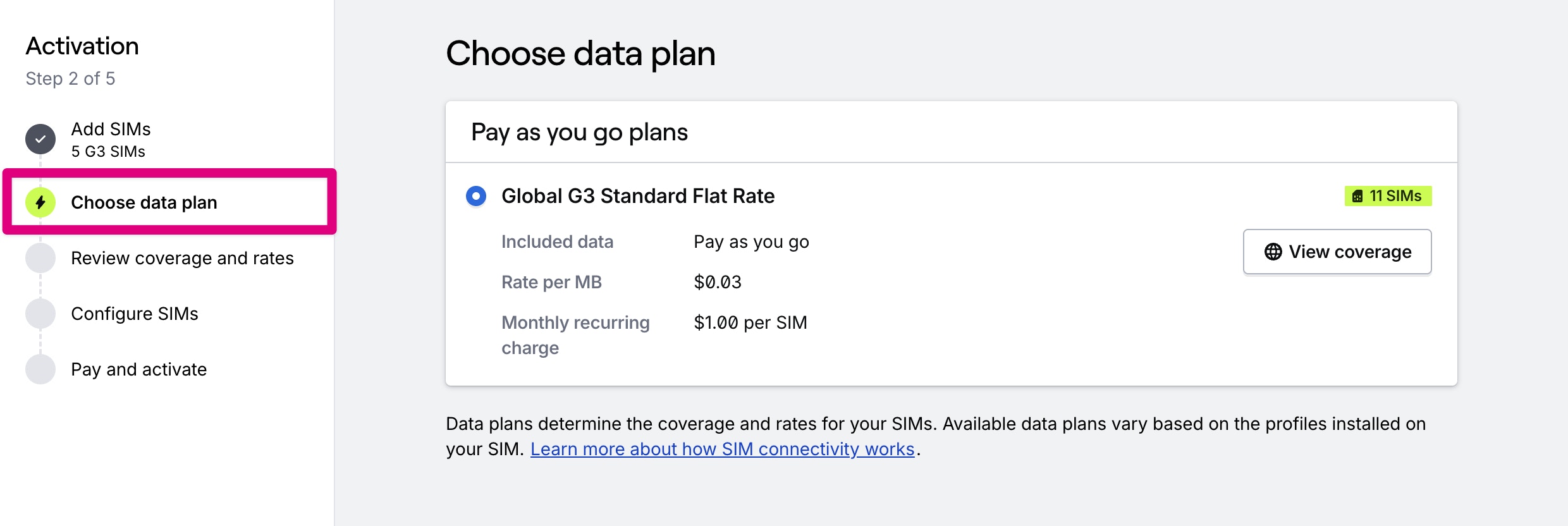Activation step 2 - Choose coverage and rates, selecting a data plan