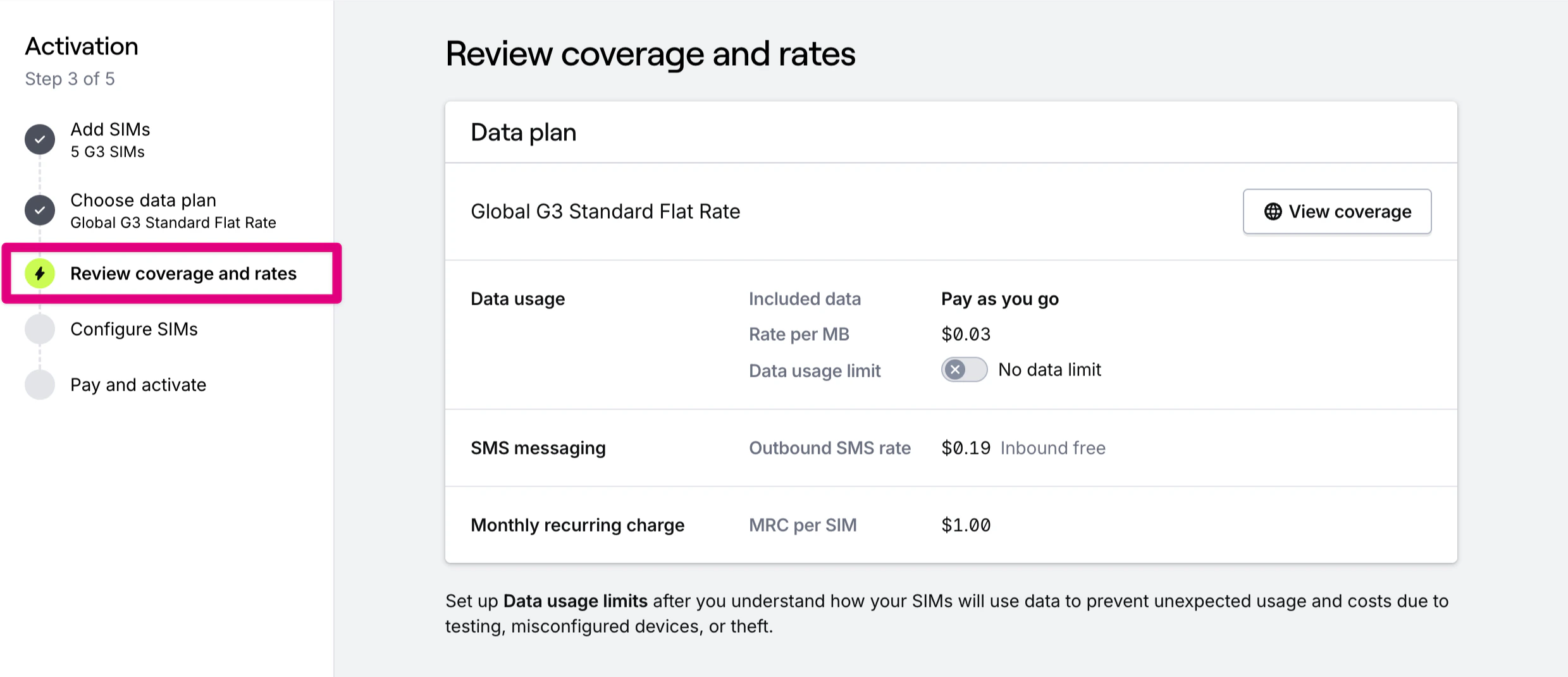 Activation step 3 - Review coverage and rates, setting data usage limits