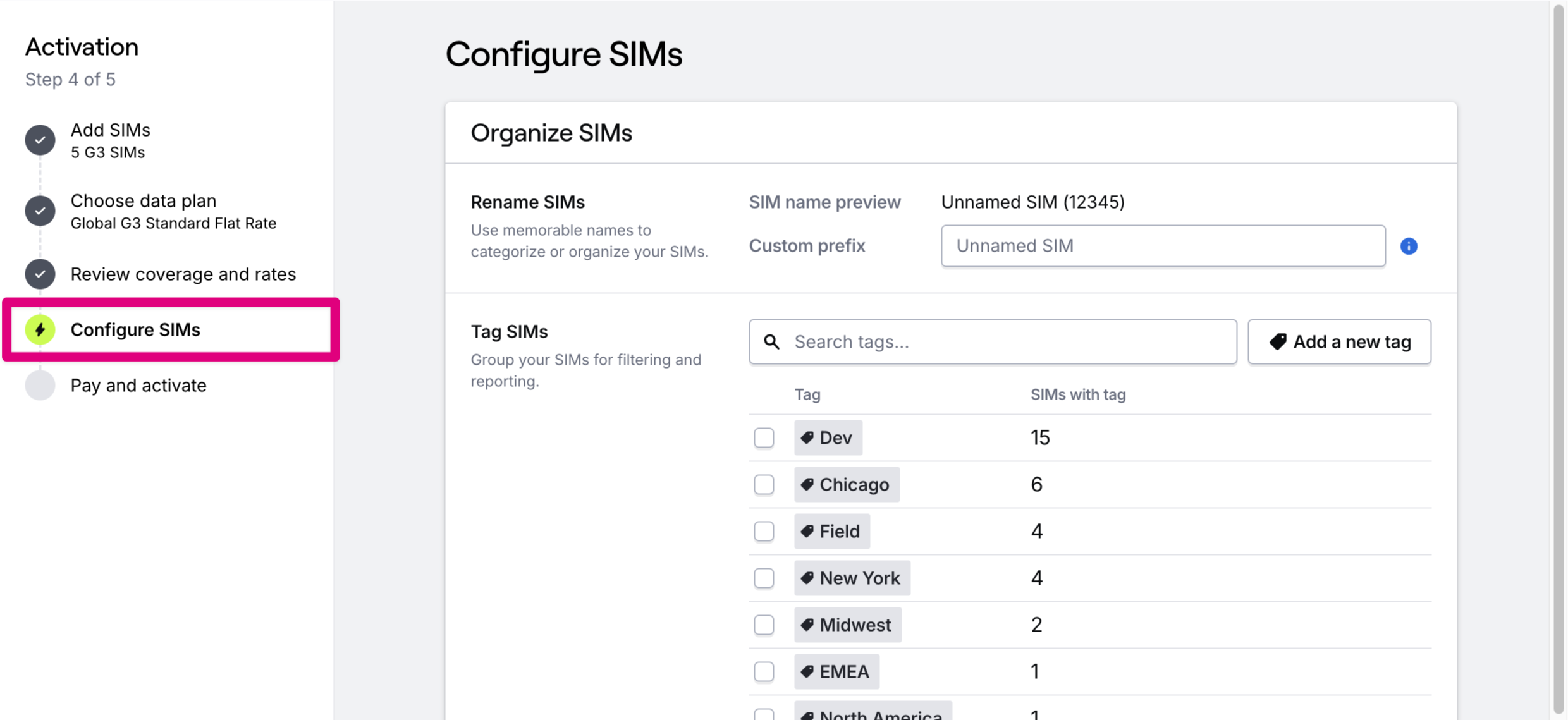 Activation step 4 - Configure SIMs with name prefixes and tags