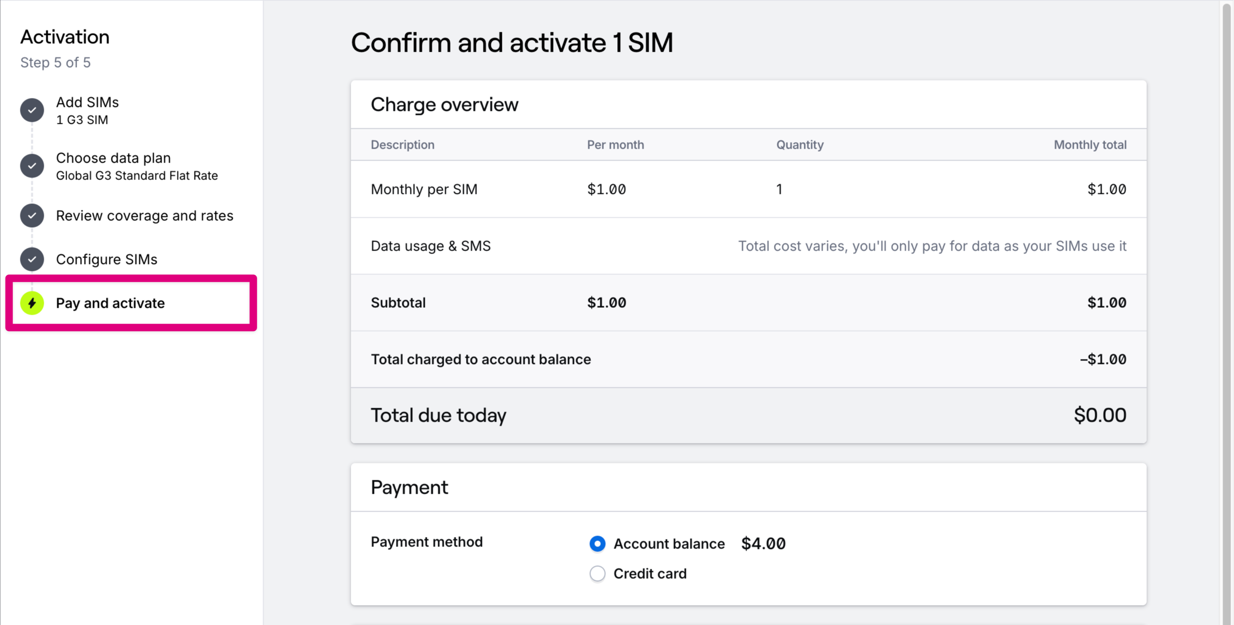 Activation step 5 - Review charges, choose payment method, and activate SIMs