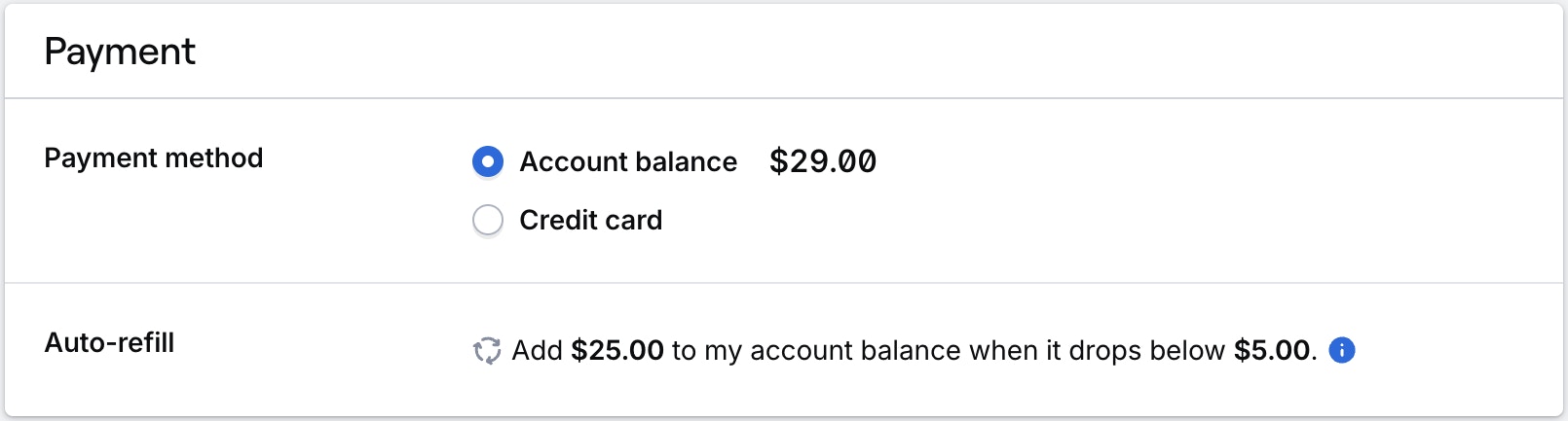 After configuring auto-refill you'll see auto-refill configuration in the Payment method card