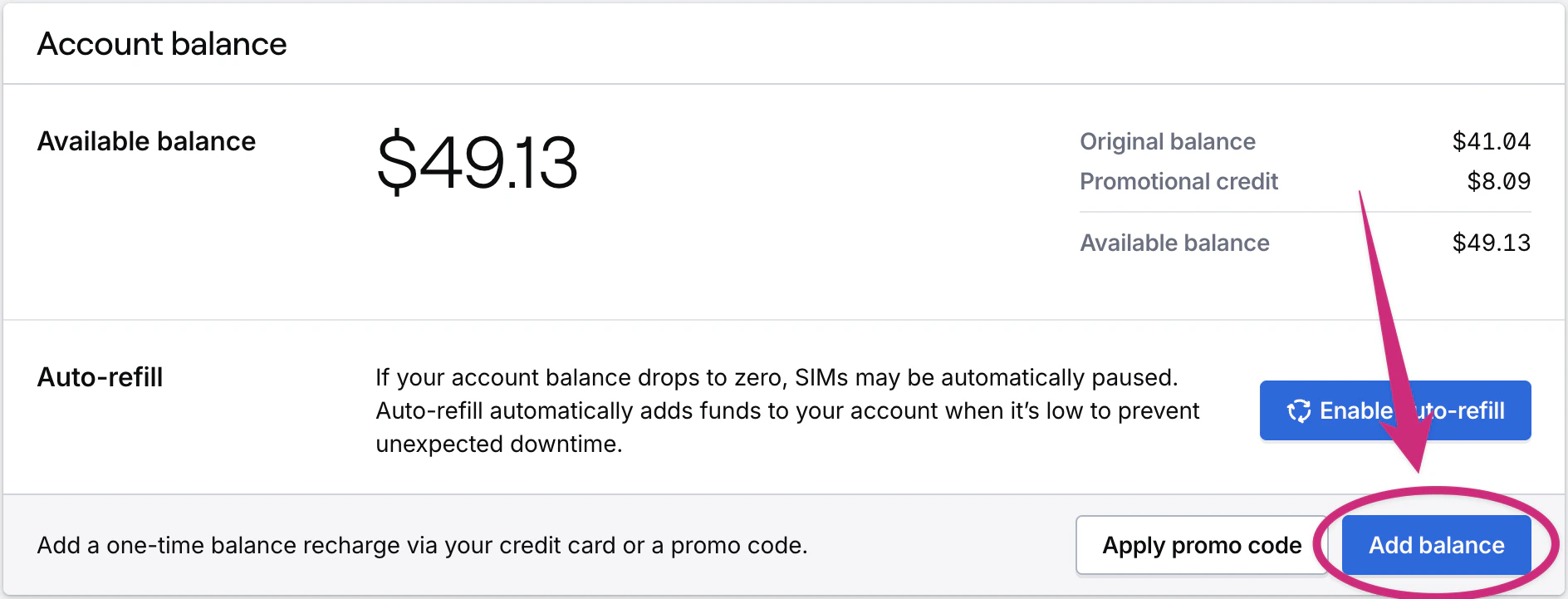 Add balance button in the Account balance card