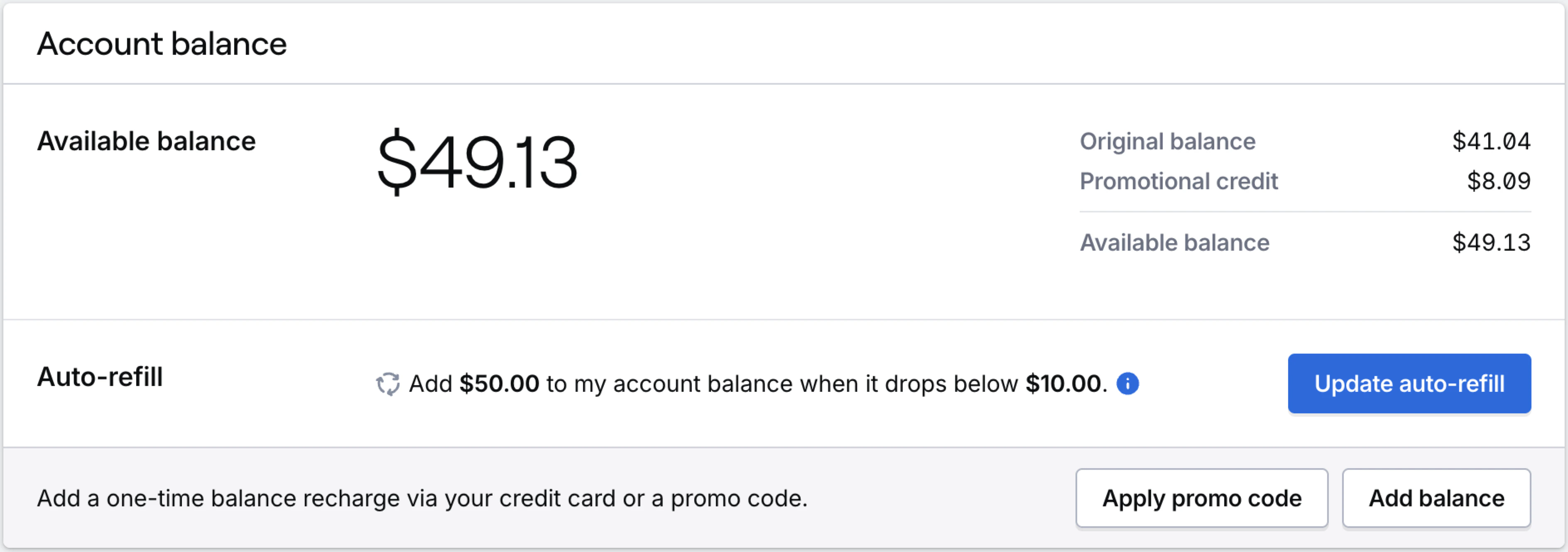Account balance card, add balance, and current balance
