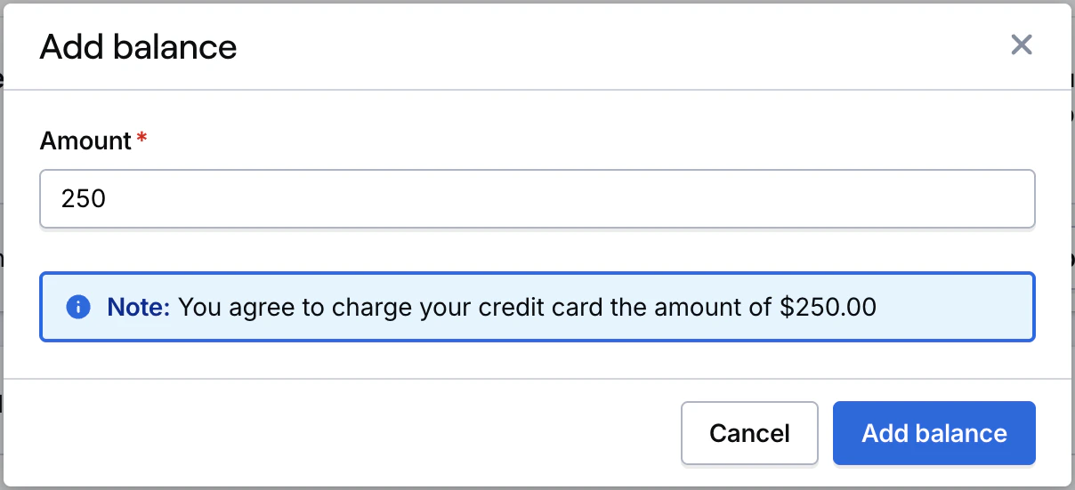 Add balance modal with amount input field