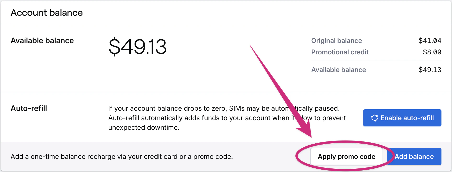 Apply promo code button in the Account balance card