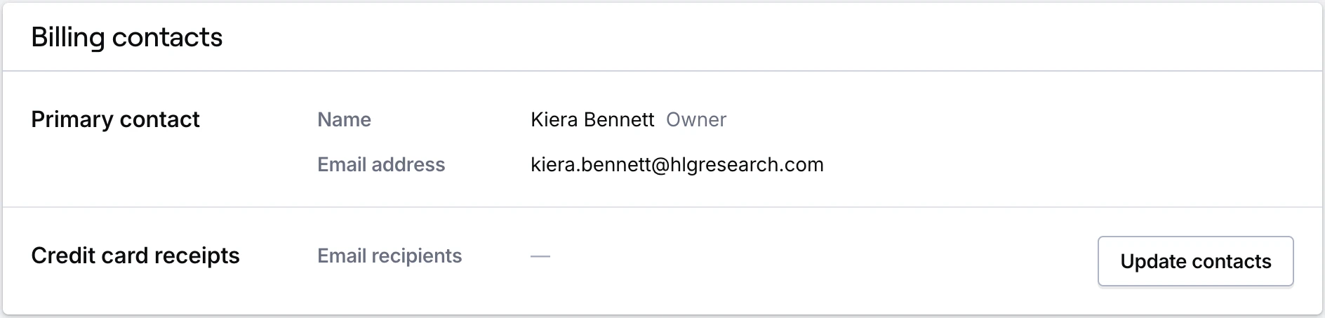 Billing notifications recipients card with credit card email recipients field