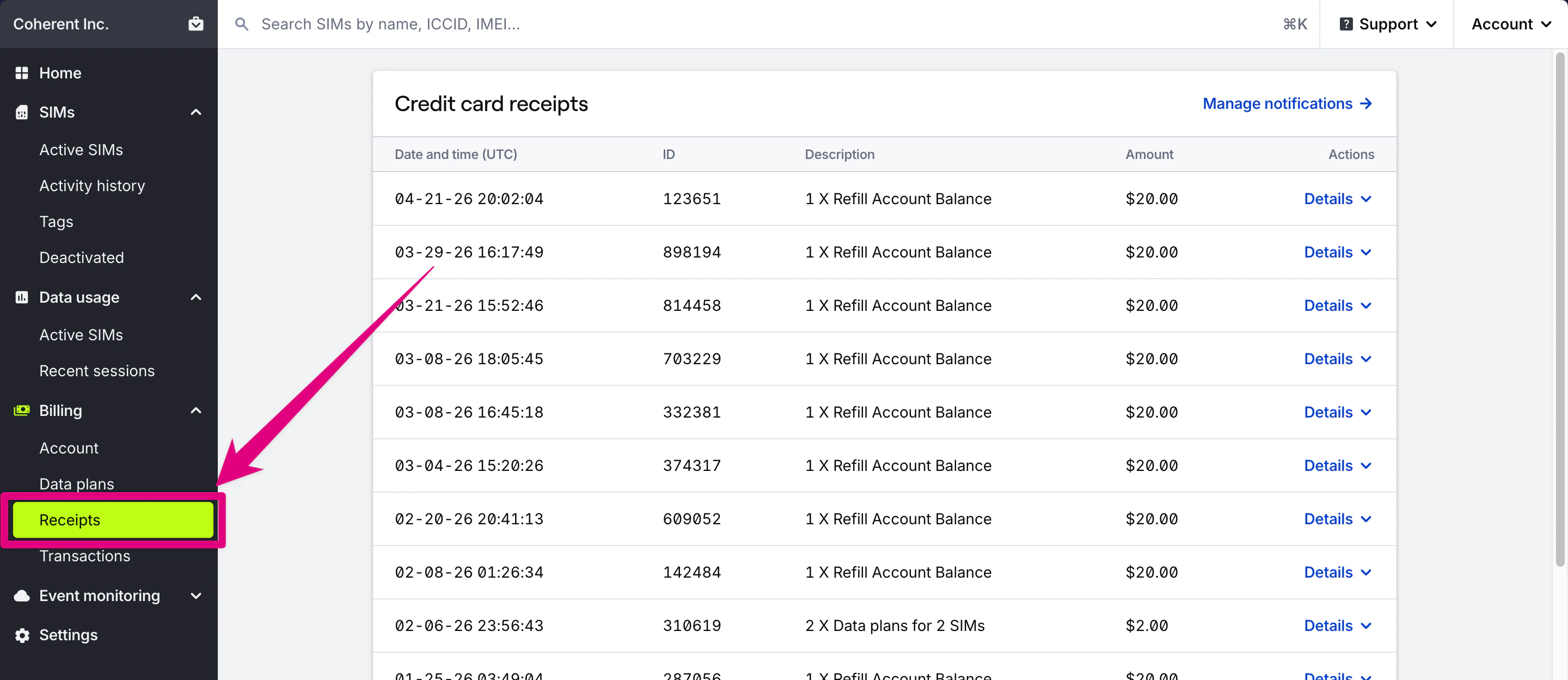 Credit card receipts page