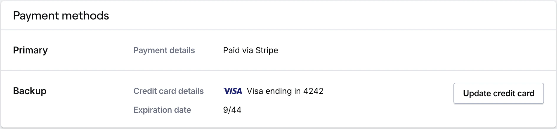 Backup payment method card