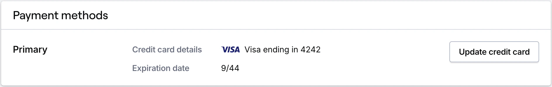 Payment method card showing credit card on file