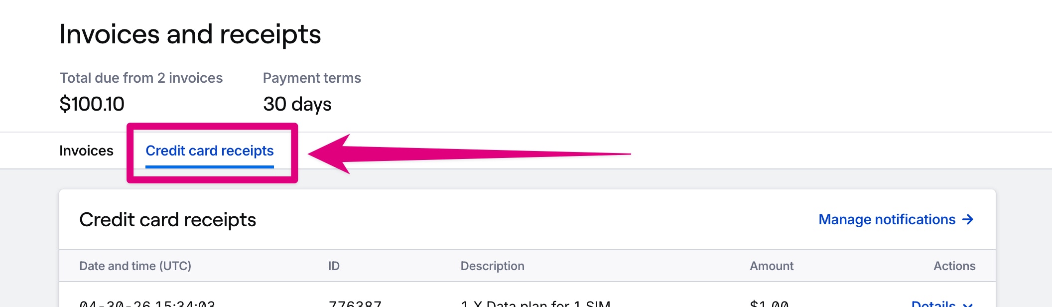 Credit card receipts tab in the Invoices page