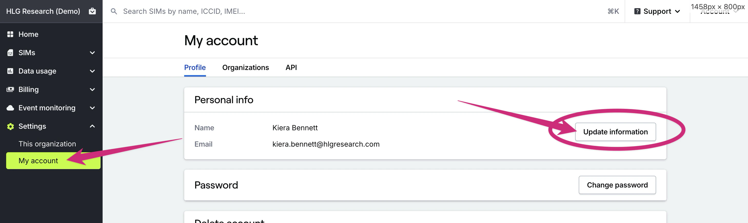 My account page with name and email address