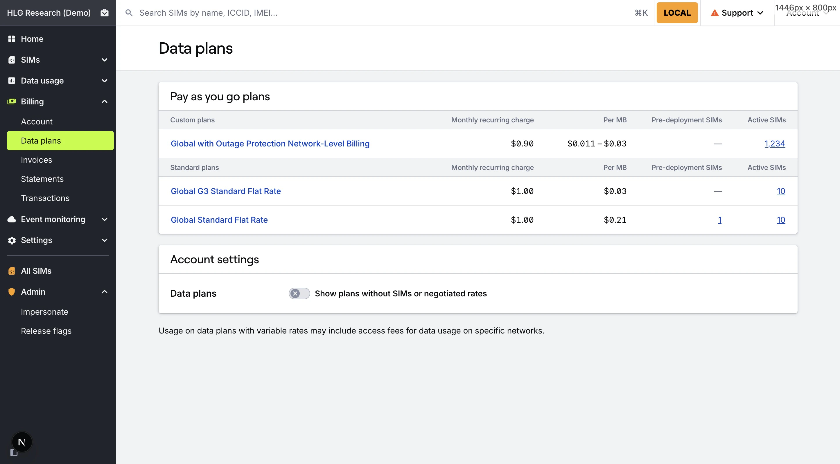Data plans page