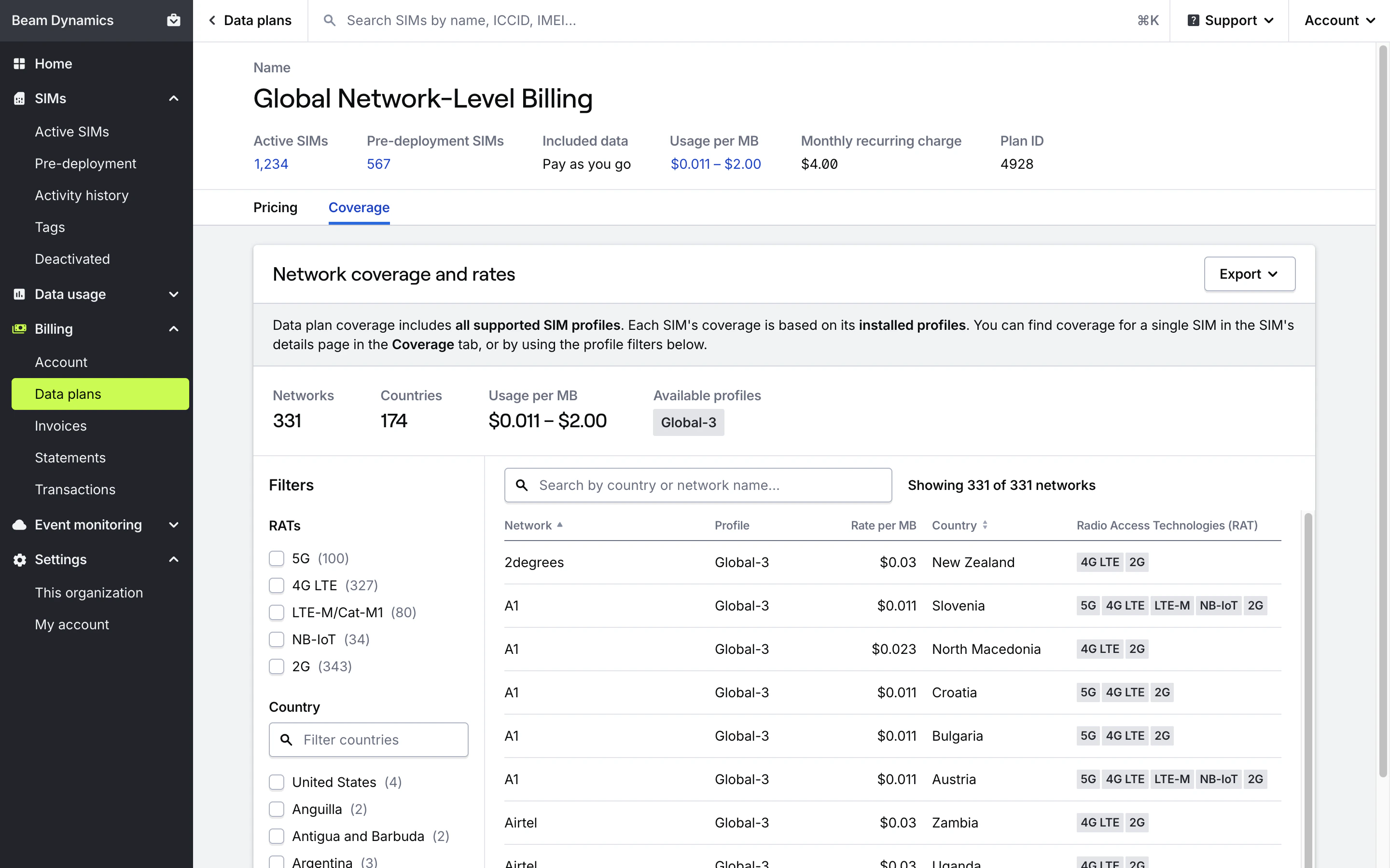 Coverage and rates for a data plan in Coverage Explorer