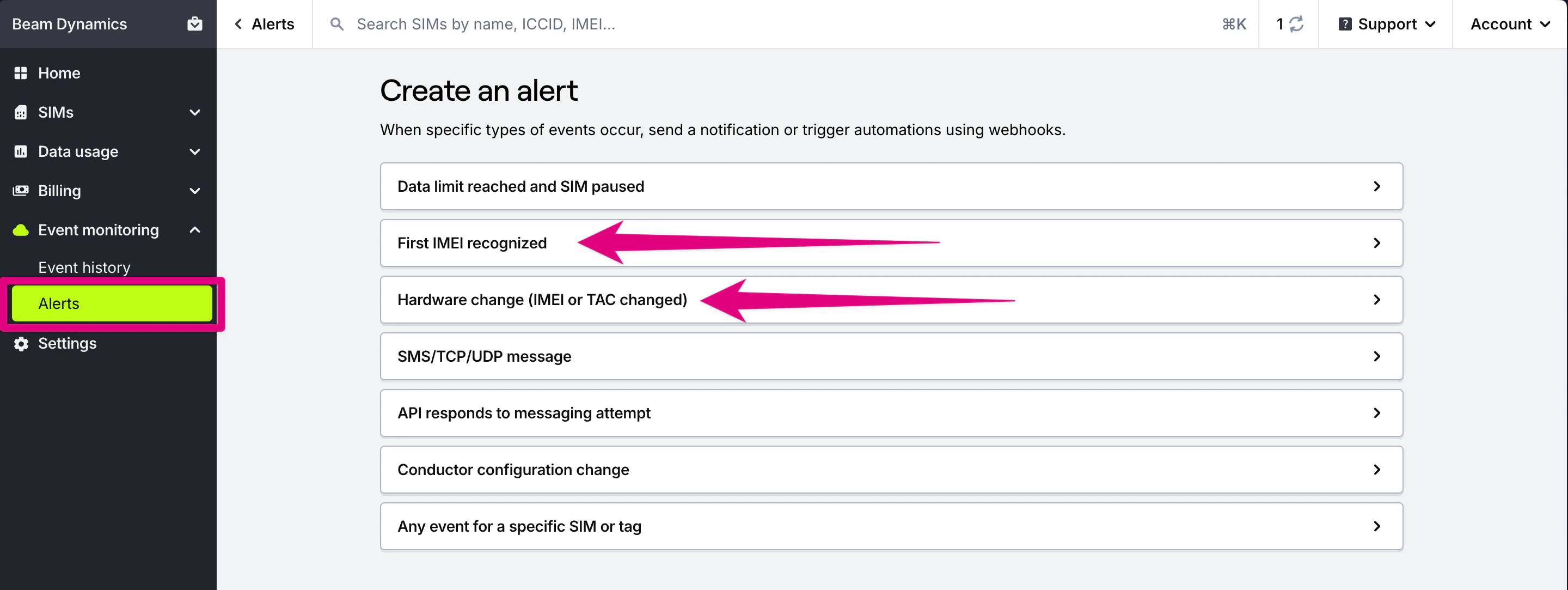 Create alert form showing topic selection