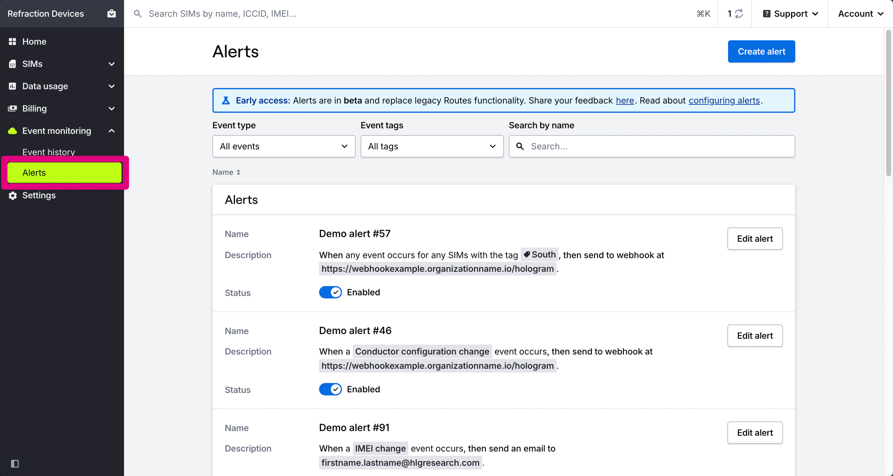 Alerts page displaying all alerts configured for your fleet