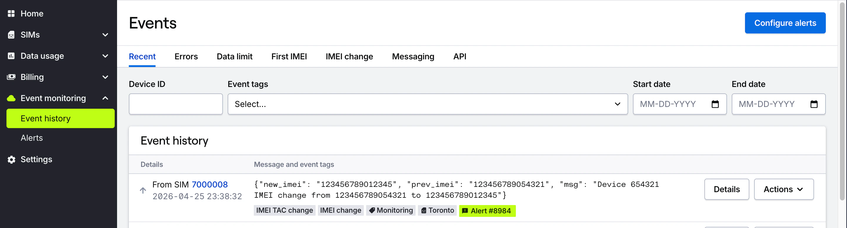 Activity console showing IMEI change detection messages with tags