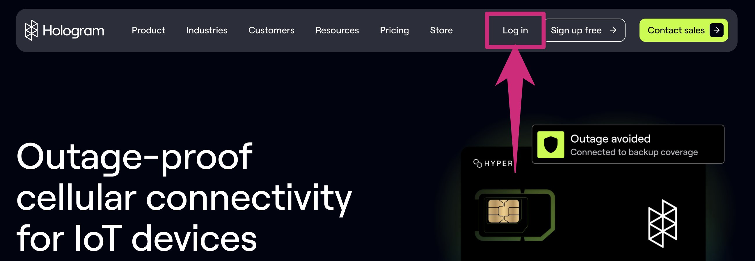 Log in button on Hologram homepage