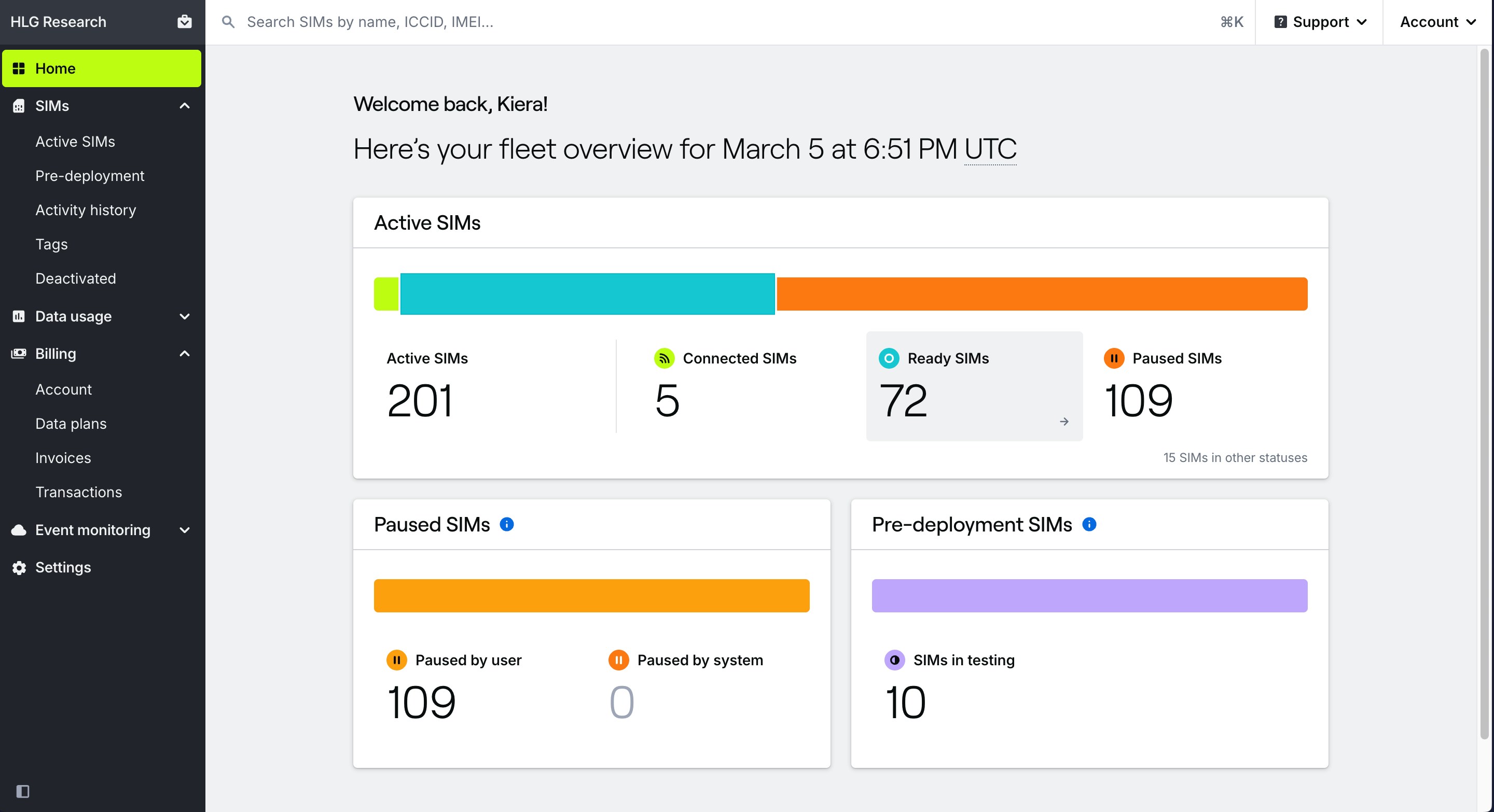 Dashboard home page showing fleet overview with status counts and charts
